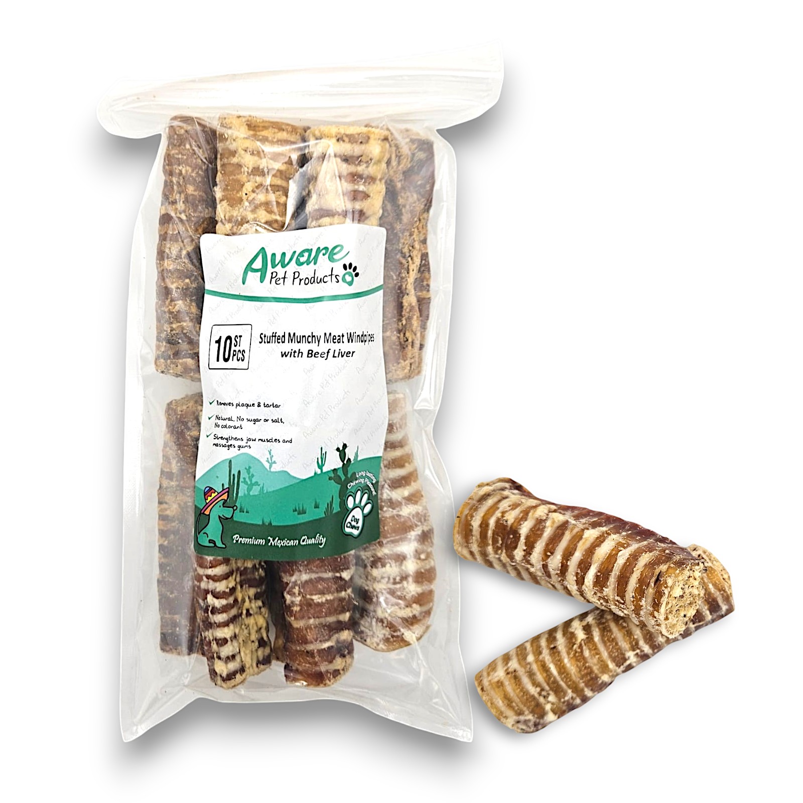 AW10BD231 Stuffed Munchy Meat Windpipes with Beef Liver Gevulde runderluchtpijp met lever |10 stuks voordeelbundel |